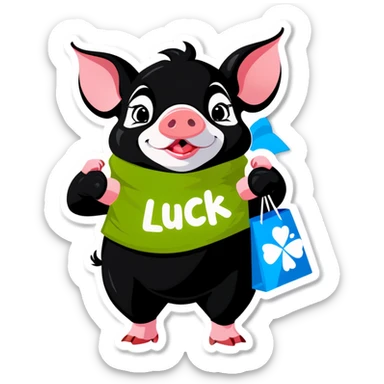 a black piglet holding 4 bags with "luck”written on it sticker