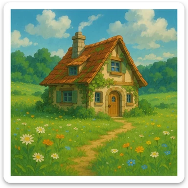 cozy cottage in a meadow in ghibli style sticker