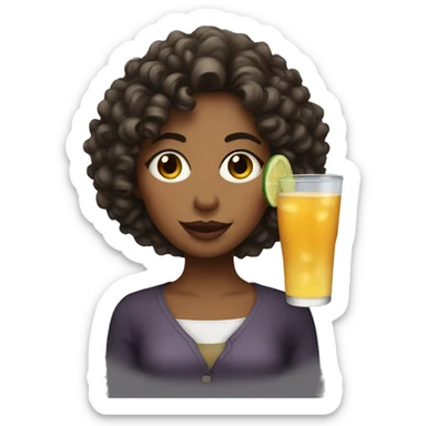 Lady with curly hair and a drink sticker