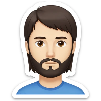 Caucasian Argentine man with long straight dark brown hair, loose hairstyle with bangs, shoulder-length hair, short full beard, serious-neutral expression, basic blue t-shirt sticker