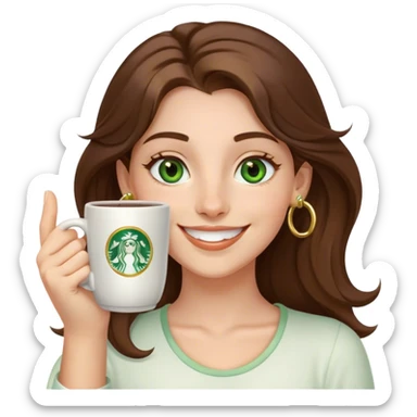 Long, Brown haired girl with middle hair part, green eyes, gold hoop nose ring, smiling, waving with one hand, coffee mug in the other sticker