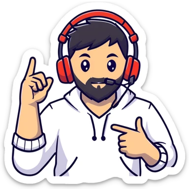 Anime style man with black hair, brown eyes, and black beard wearing gaming headset and making a bravo gesture, anime character design sticker