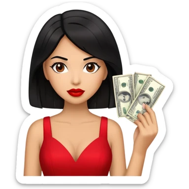 A grown woman wearing a red dress , red lipstick , black hair while holding dollars sticker