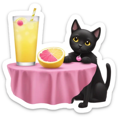 A dog drinking pink lemonade with a black cat sticker