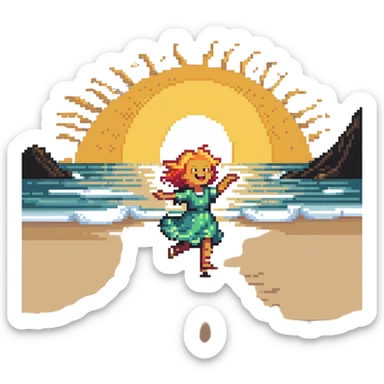 Cheerful beach character dancing on sand with ocean waves and sun, highlighted sticker