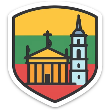 Discord role icon featuring Vilnius Cathedral Lithuania, clean modern style, recognizable cathedral silhouette, subtle Lithuanian flag colors, suitable for small display sticker