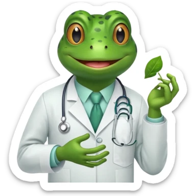 A frog in a doctor’s coat, happily examining a patient, portrait sticker