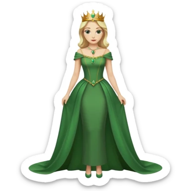 Queen, crown, blonde hair, green eyes, long green tight dress, whole Body, sticker