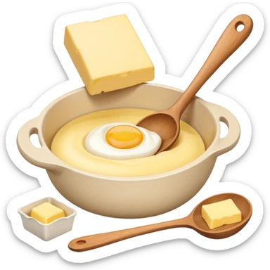 A cream ceramic baking bowl with a wooden spoon in it, next to it is a carton of eggs and butter sticker