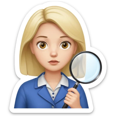 A woman holding a large magnifying glass and looking at something intently sticker
