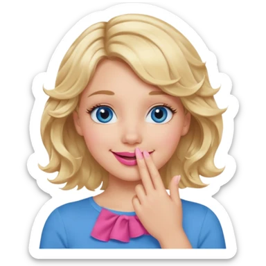 Girl Blonde short wavy hair,  blue eyes, cute blue top, long lashes, pink lips, smiling, hand covering the mouth sticker
