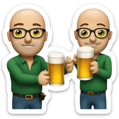 2 men, one bald and one with green eyes dark hair and glasses, kissing and holding a beer sticker