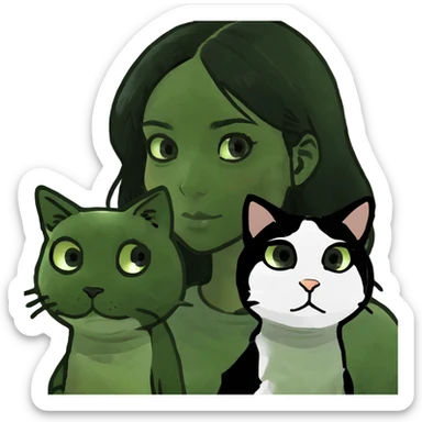 beautiful girl with balck hair and her calico cat sticker