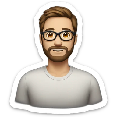 Male, with brown hair and brown beard, thick eyebrows and black sight glasses sticker