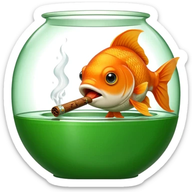 goldfish in a green tank hatch, holding a cigar in its mouth, iOS emoji style sticker