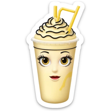 banana milkshake in a take-out cup with glassess and long lashes sticker