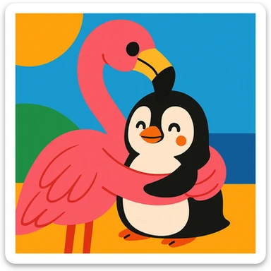 a flamingo hugging a penguin sticker