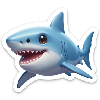 Cinematic Cute Shark Portrait Emoji, Head tilted playfully and inquisitively, featuring a glossy, streamlined body with a subtle shimmering hue and round, sparkling eyes filled with curious charm, Simplified yet irresistibly adorable features, highly detailed, glowing with a warm, friendly glow, high shine, affectionate and sleek, stylized with a touch of marine whimsy, bright and endearing, soft glowing outline, capturing the essence of a mischievous yet loving shark, so playful it feels like it could swim out of the screen into your arms! sticker