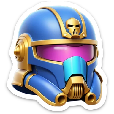Clash of Clans aesthetic: Cinematic Playful Space Marine Helmet Emoji, rendered in a 3D vector-style similar to standard emojis with minimal shading and bold, simplified shapes. A compact, heroic isometric helmet with futuristic, armored detailing and a glowing visor, softly glowing with a battle-ready cosmic charm. Simplified yet unmistakably iconic, highly detailed and consistent, glowing with a soft radiant shine and high gloss. Stylized with a touch of interstellar valor and a soft glowing outline, capturing the essence of an elite warrior’s helm with a friendly, playful spirit! sticker