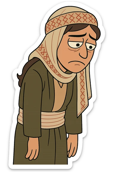 Kurdish man or woman in jamadani, cartoon style, feeling disappointed, slouched posture, sad eyes, no text sticker