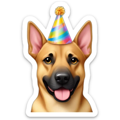 German shepherd tan Pitt bull  mixed dog wearing birthday hat sticker