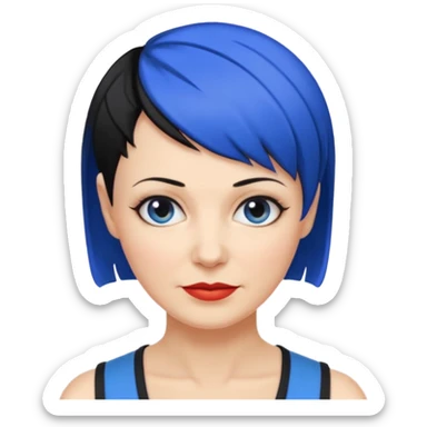 reife frau, vierzig Jahre alt kein kind! freche extreme schwarze Kurzhaarfrisur eine Seite wirklich fast keine Haare andere Seite mit blauer Strähne kurze Seite noch viel kürzer sticker