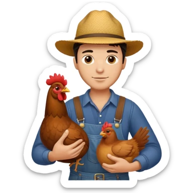 UN HOMBRE VESTIDO DE GRANJERO PIEL CLARA Y PELO OSCURO CON UNA GALLINA  sticker