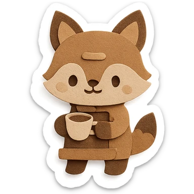 chibi coffee maker-fox hybrid holding a tiny latte cup, soft brown and beige palette, full-body sticker