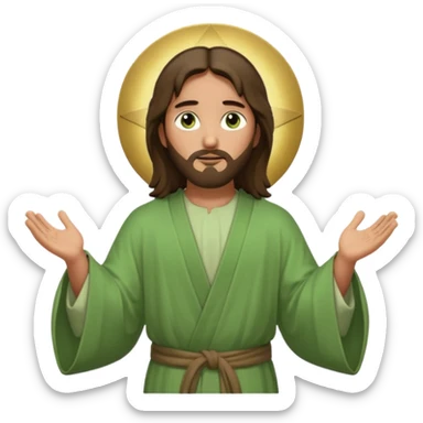 Jesus, green eyes, light green robe. opening arms, gazing thoughtfully. Soft light, subtle fern. Waist-up, profile. sticker