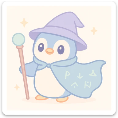 a heroic penguin wizard with a flowing cape, staff, and mystical runes glowing sticker