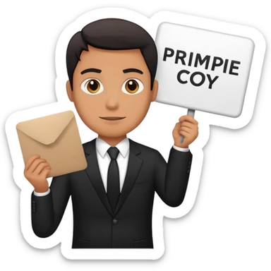 A man in a black suit holds a sign that says PrimeCopy sticker