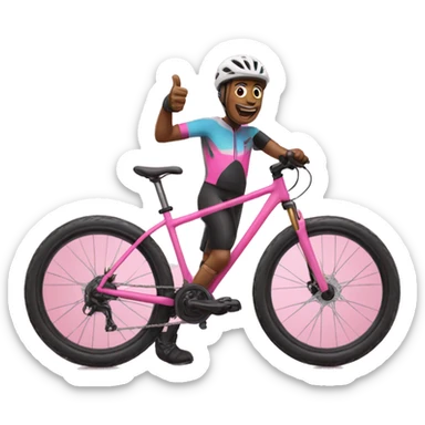 mountain biker on pink bike with thumb up sticker