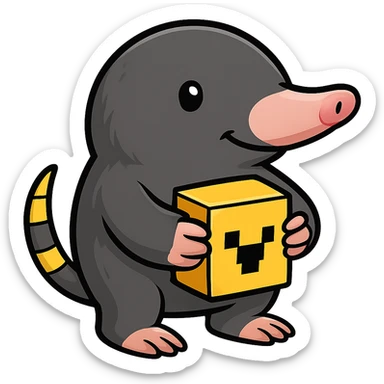 Make the character look more like a real mole with a longer nose, small eyes, and mole-like features, still holding a Minecraft gold block. The style should be cartoonish and cute with no background. sticker
