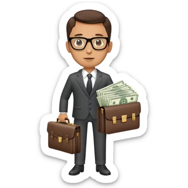 Male businessman wearing a suit and glasses holding open a briefcase showing stacks of dollar bills inside sticker