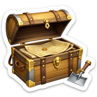 An icon showcasing a treasure chest filled with gold, a treasure map rolled up beside it, a backpack and shovel. The design captures the essence of treasure hunting, exploration, and excitement, set on a transparent background to emphasize the thrill of discovery. sticker