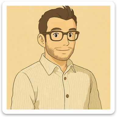 Change the shirt to a ribbed textured linen fabric and make the smile a little smaller, keeping the rest of the Ghibli style portrait unchanged. sticker