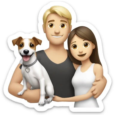 Jack Russell Terrier in the arms of a blonde girl and a brunette man  sticker
