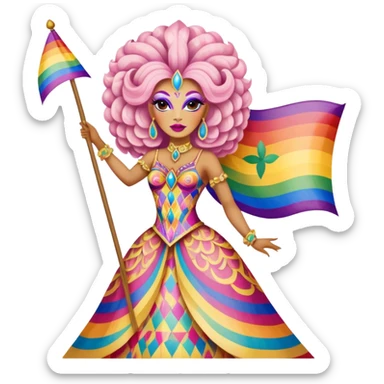 drag queen on a fantastical alebrije, holding LGBTQ flag sticker