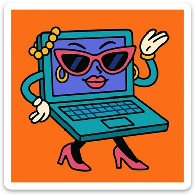 a laptop with high heels, sunglasses, jewelry, exuding confidence and style, dress to impress in your computer sticker