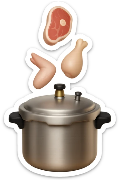 emoji stile iphone in 3d di una pentola a pressione dentro cui cadono agnello, pollo e tacchino crudi da cuocere, iperrealistico 4k sticker