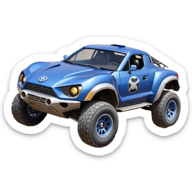 Mandalorian evil night blue Dirty and dented Local Motors Rally Fighter off road race car hot rod meets 2013 Toyota 86 trophy truck-style basher flying on a dusty road (silver wheels) sticker