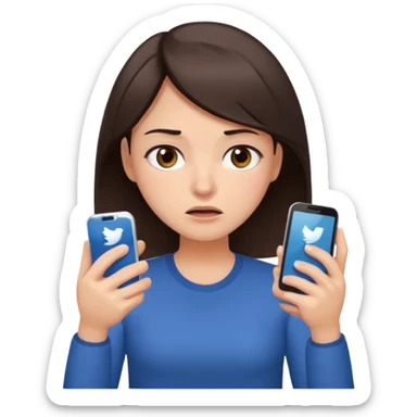 Social media manager. She has dark brown hair, brown eyes, overwhelmed expression, tired eyes, slightly stressed face,a holding a smartphone with notifications piling up sticker