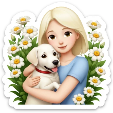 A girl happily hugs a white Labrador among the flowers sticker