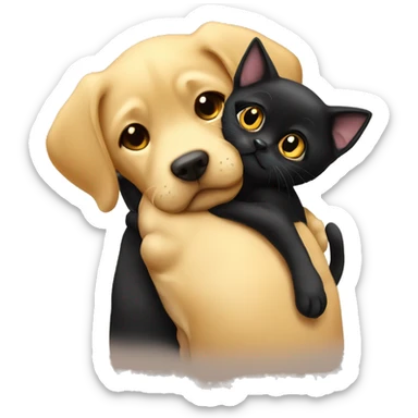 Small black kitten cuddling with big dark yellow Labrador dog sticker