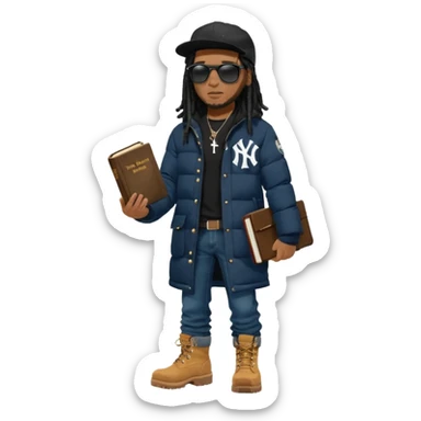 African American man with shoulder length black dreadlocks and black sunglasses wearing a black New York Yankees baseball hat with a North Face brand bubble winter coat with denim skinny jeans and timberland boots walk holding a holy bible sticker