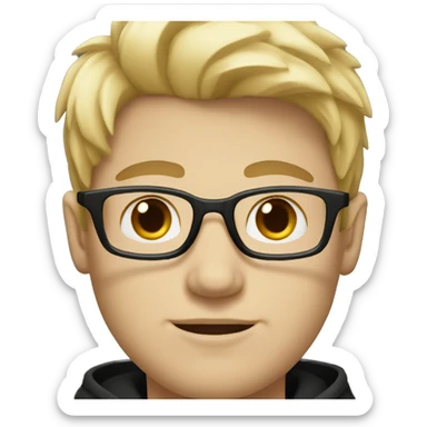 guy with white skin, puffy face, rectangle glasses and blonde hair with brown eyes, wearing a black hoodie sticker