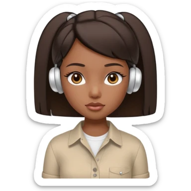 generate a pretty bratz girl with dark brown eyes. Dark brown hair straight short hair. tight beige button up shirt with top shirt open.  airpods in ear sticker