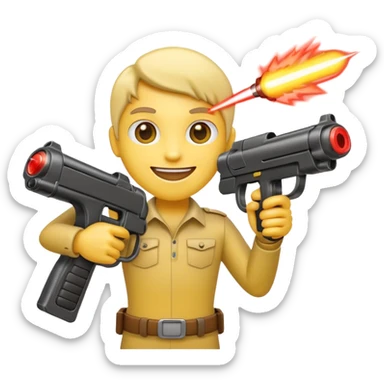 emoji character with a cartoonish laser gun, smiling sticker