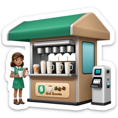 Girl Scouts selling coffee at her roped-off and covered booth stand by the side of the road with their own robotic looking coffee machine  sticker