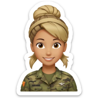 Apple-style emoji: female soldier, bust, no cap/helmet, friendly smile, generic camo top, hair in bun, soft gradients sticker